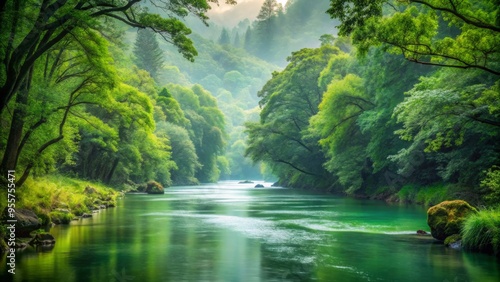 Early morning misty Celadon Green river flowing calmly around lush green forest, soft warm light, slight overcast, serene atmosphere, a realistic photo image.