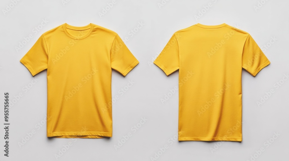 Plain gold or yellow t-shirt front and back view for mockup in white background Plain gold or yellow t-shirt front and back view for mockup in white background