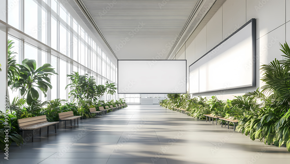 Modern office corridor with empty billboard and greenery accents Modern office corridor with empty billboard and greenery accents