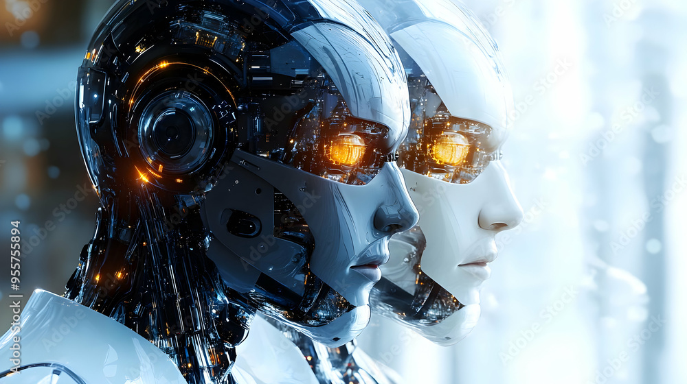 Fototapeta premium Futuristic humanoid robots with glowing eyes in a modern setting.