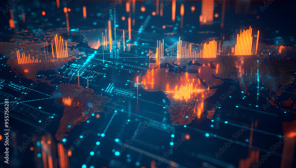 Obraz premium Digital World Map Overlaid with Stock Market Graphs and Charts
