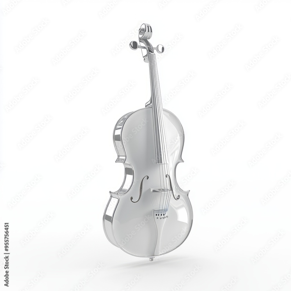 Naklejka premium Whimsical 3D Cello with Bow: Pastel White & Silver Minimalist Design