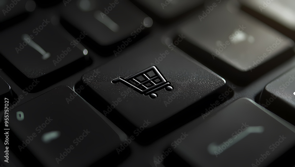 Close-up of keyboard key with shopping cart icon, e-commerce symbol Close-up of keyboard key with shopping cart icon, e-commerce symbol