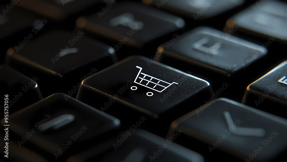 Close-up of keyboard key with shopping cart icon, e-commerce symbol Close-up of keyboard key with shopping cart icon, e-commerce symbol