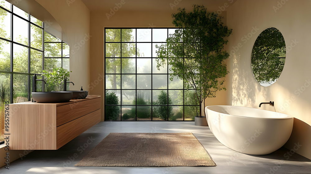 Modern bathroom design with natural light and greenery. Modern bathroom design with natural light and greenery.