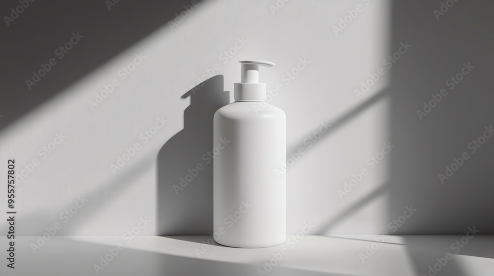 White Pump Bottle on a White Surface with Light and Shadows White Pump Bottle on a White Surface with Light and Shadows