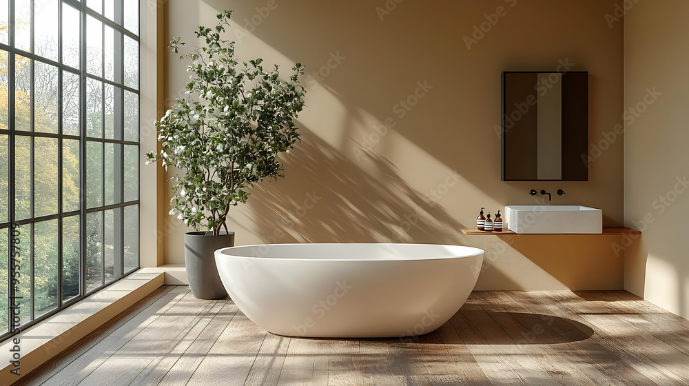 Modern bathroom featuring a freestanding tub and natural light. Modern bathroom featuring a freestanding tub and natural light.
