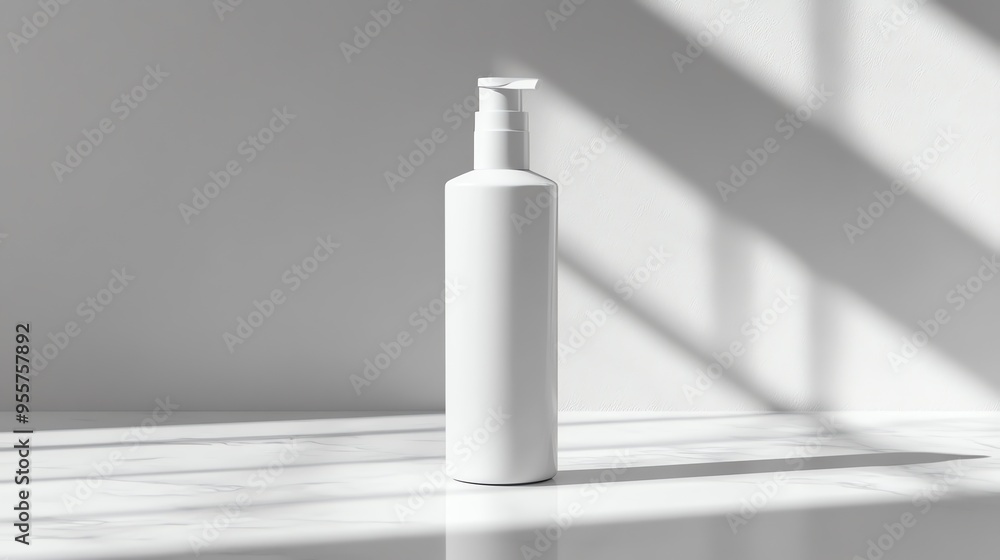 White Pump Bottle on a Marble Surface with Sunbeams White Pump Bottle on a Marble Surface with Sunbeams