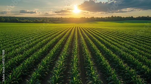 Rows of corn growing in a field at sunset.