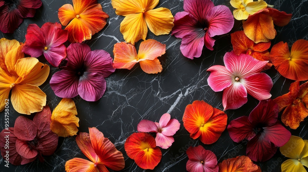 Colorful Flowers Arranged on a Black Marble Surface Colorful Flowers Arranged on a Black Marble Surface