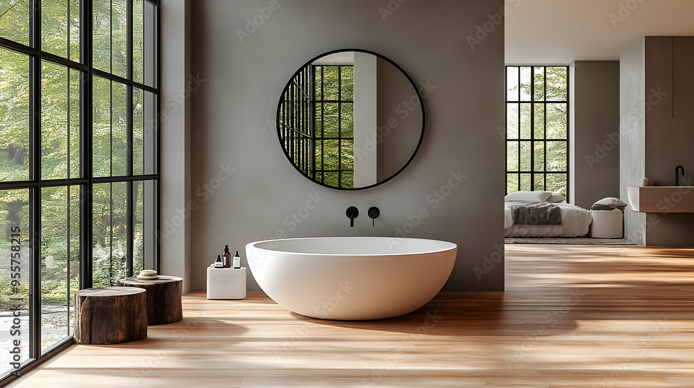 Modern bathroom with a freestanding tub and large windows. Modern bathroom with a freestanding tub and large windows.