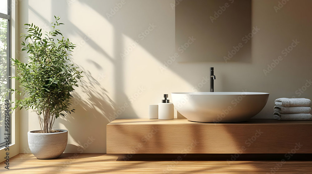 Modern bathroom with a minimalist design and natural elements. Modern bathroom with a minimalist design and natural elements.
