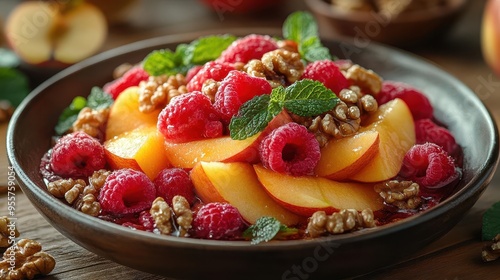 artful fruit salad closeup featuring crisp apple wedge and crunchy walnuts rich textures vibrant colors fresh ingredients appetizing arrangement on rustic wooden surface