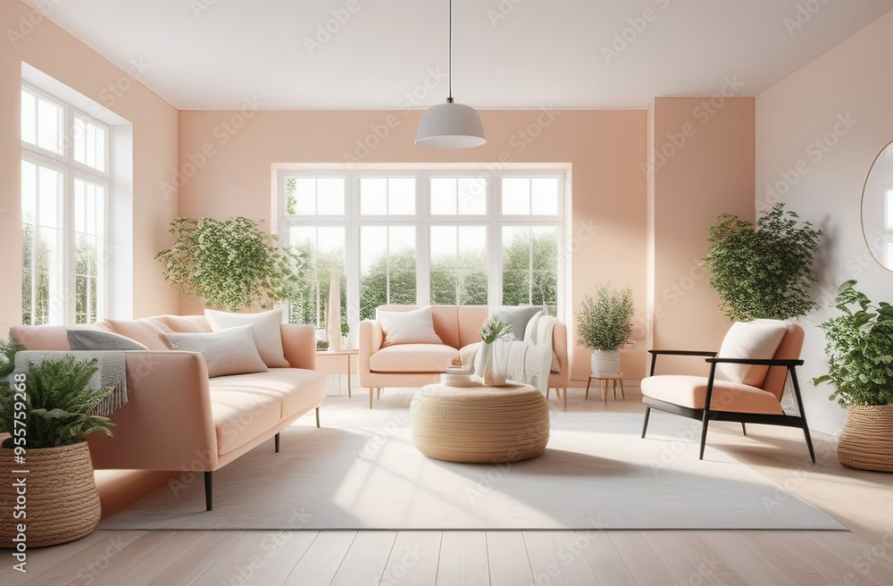 Fototapeta premium airy and spacious living room interior, natural light through windows, fresh houseplants, elegant and modern space