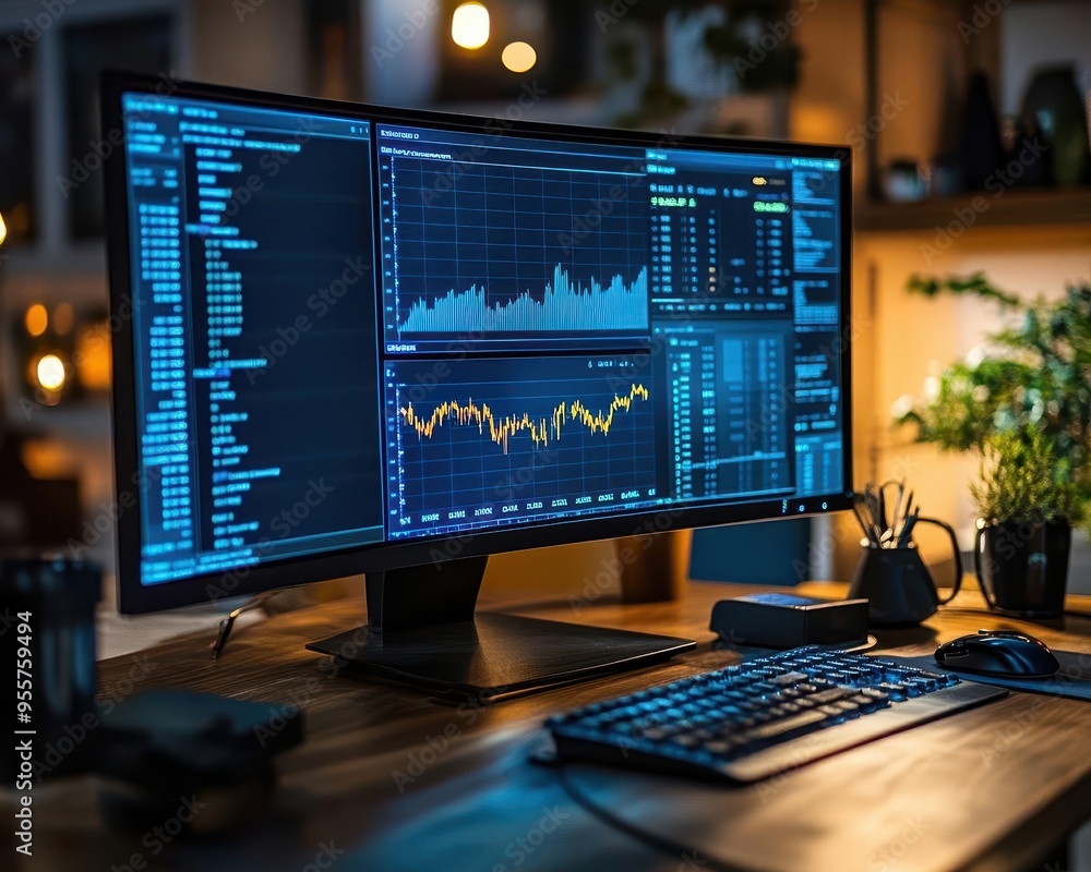 Investment strategy with charts and graphs on a computer screen, analytical style, sharp focus, high detail, bright lighting Investment strategy with charts and graphs on a computer screen, analytical style, sharp focus, high detail, bright lighting