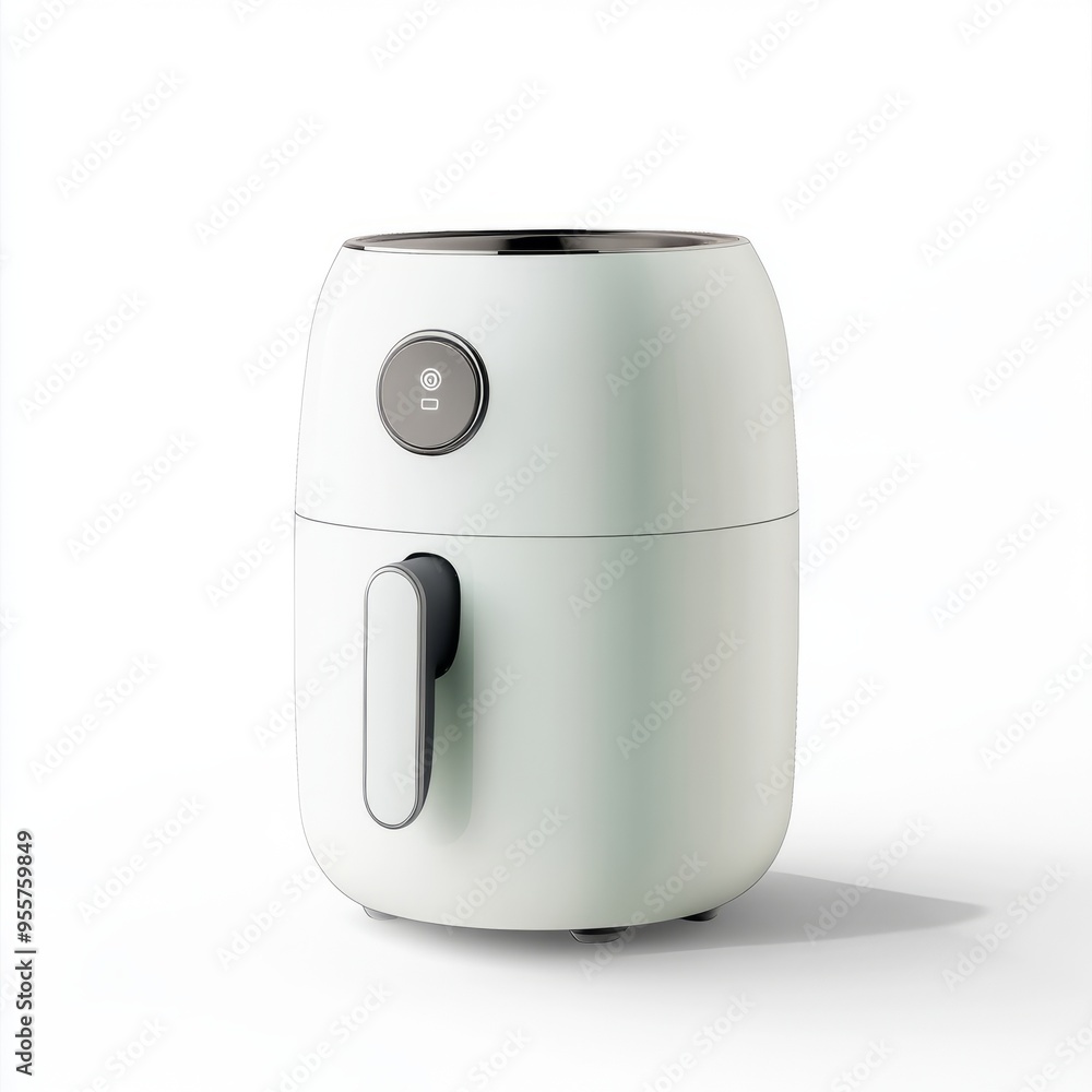 Cute Pastel White & Silver Air Fryer - Minimalist Design on White Background Cute Pastel White & Silver Air Fryer - Minimalist Design on White Background