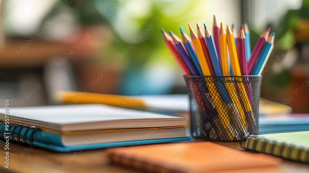 Learning materials including books, notebooks, and pencils, organized style, close-up, sharp focus, warm tones Learning materials including books, notebooks, and pencils, organized style, close-up, sharp focus, warm tones