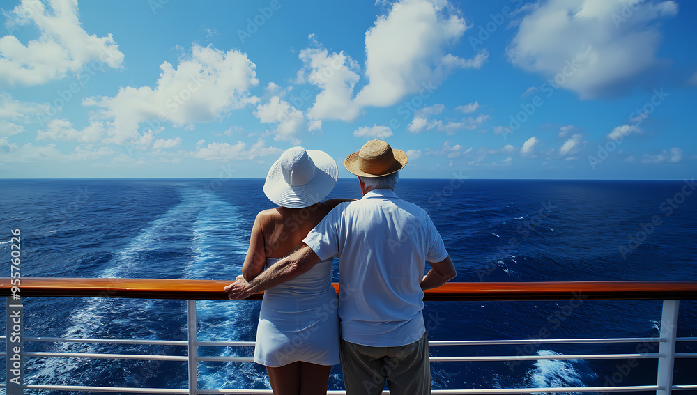 Elderly couple enjoying romance on cruise ship deck at sea Elderly couple enjoying romance on cruise ship deck at sea