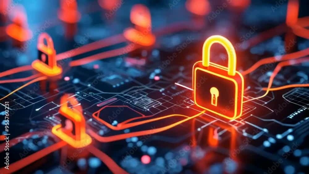 A glowing lock icon floating above a network of interconnected devices A glowing lock icon floating above a network of interconnected devices