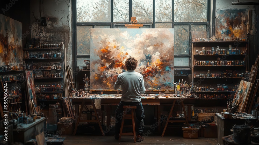 artists studio bathed in warm ambient light focused painter at easel textured canvas array of colorful paints and brushes inspiring creative atmosphere artists studio bathed in warm ambient light focused painter at easel textured canvas array of colorful paints and brushes inspiring creative atmosphere