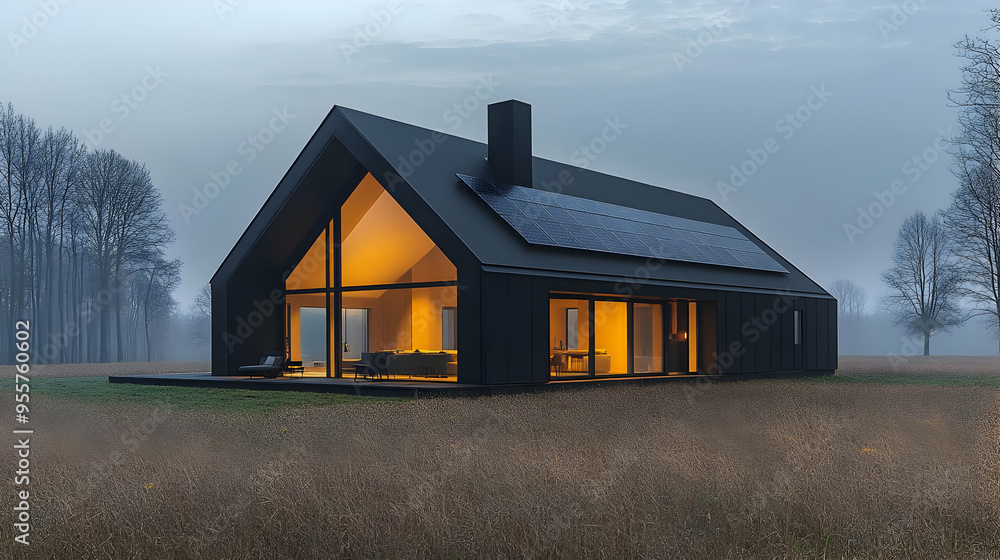 Modern black house with large windows in a misty landscape. Modern black house with large windows in a misty landscape.