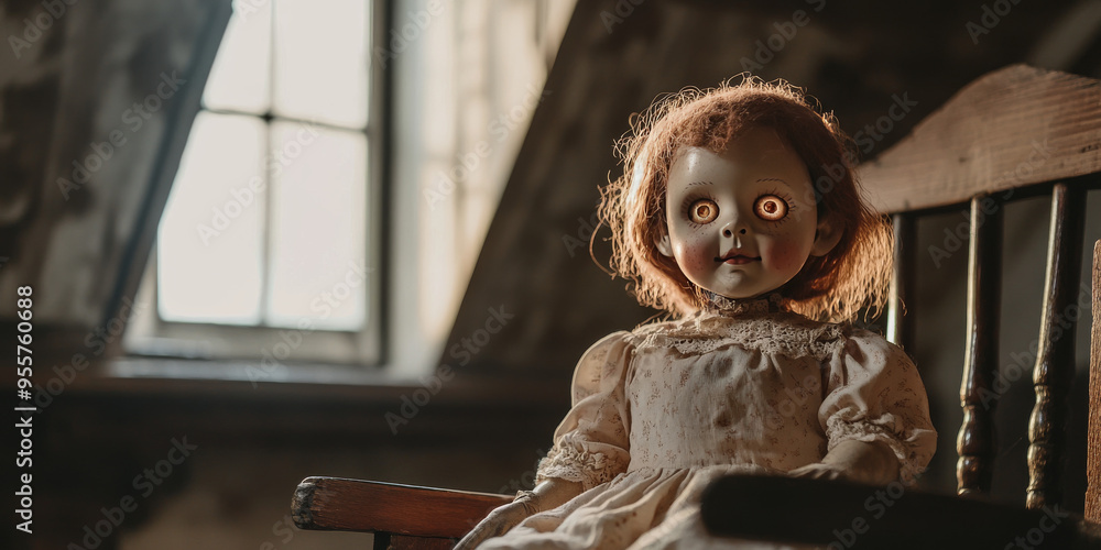 A haunting doll with a sinister expression sits alone in an old wooden chair in a dimly lit, dusty attic, creating a chilling Halloween atmosphere.
A haunting doll with a sinister expression sits alone in an old wooden chair in a dimly lit, dusty attic, creating a chilling Halloween atmosphere.