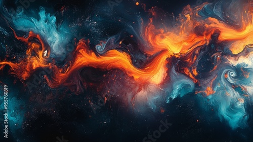 Abstract Swirling Colors of Orange, Blue, and Black photo