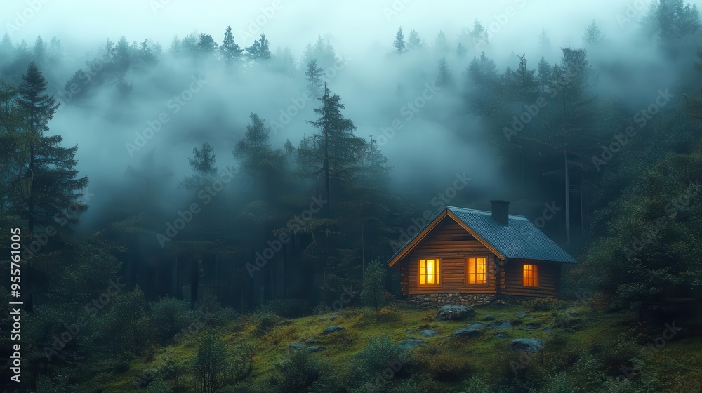 atmospheric night scene of isolated cabin in misty forest warm light glowing from windows contrasting with eerie surroundings atmospheric night scene of isolated cabin in misty forest warm light glowing from windows contrasting with eerie surroundings