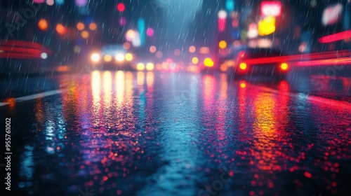 atmospheric cityscape on rainy night featuring blurred car headlights and vibrant reflections on wet asphalt streets