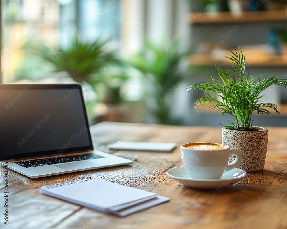 Office desk with a laptop, coffee, and notepads, minimalist style, close-up, sharp focus, bright lighting Office desk with a laptop, coffee, and notepads, minimalist style, close-up, sharp focus, bright lighting