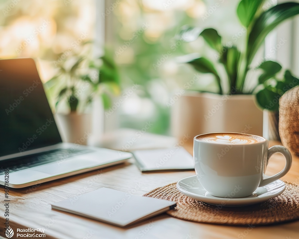 Office desk with a laptop, coffee, and notepads, minimalist style, close-up, sharp focus, bright lighting Office desk with a laptop, coffee, and notepads, minimalist style, close-up, sharp focus, bright lighting