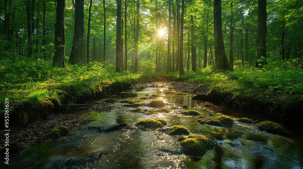 A serene forest scene with sunlight streaming through trees, illuminating gentle stream with moss covered rocks. lush greenery creates peaceful atmosphere. A serene forest scene with sunlight streaming through trees, illuminating gentle stream with moss covered rocks. lush greenery creates peaceful atmosphere.