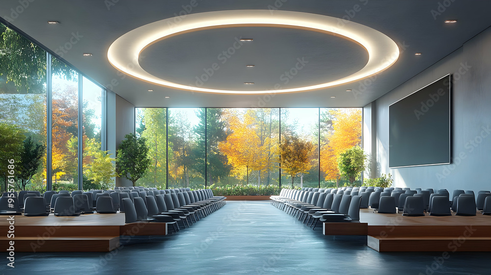 Modern conference room with large windows and autumn view.