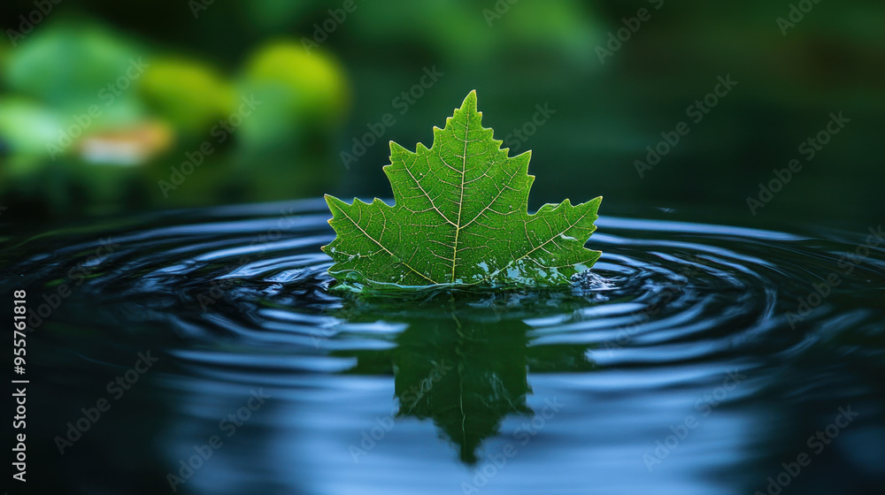 A single green leaf floats on surface of calm water, creating gentle ripples that enhance its serene beauty. A single green leaf floats on surface of calm water, creating gentle ripples that enhance its serene beauty.