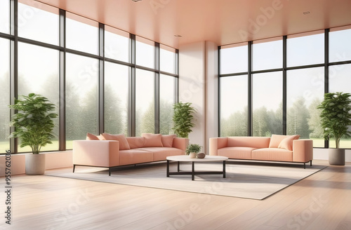empty living room with lots of sun light and space, big windows, fresh plants, comfy couches. no people