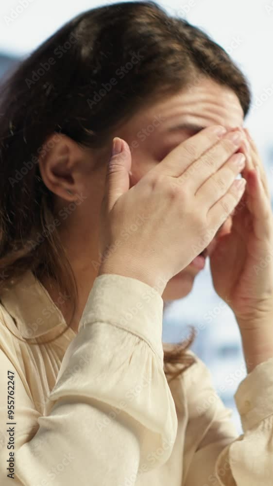 Vertical Video Stressed woman entrepreneur suffering form a migraine from workload and fatigue, feeling tired and worried about the business activity. Overworked leader deals with burnout and Vertical Video Stressed woman entrepreneur suffering form a migraine from workload and fatigue, feeling tired and worried about the business activity. Overworked leader deals with burnout and