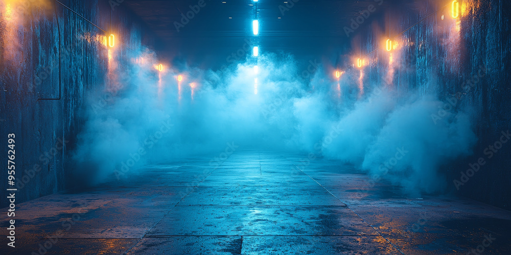 A mysterious and atmospheric alleyway with blue and orange lights reflecting off of the wet pavement. A mysterious and atmospheric alleyway with blue and orange lights reflecting off of the wet pavement.