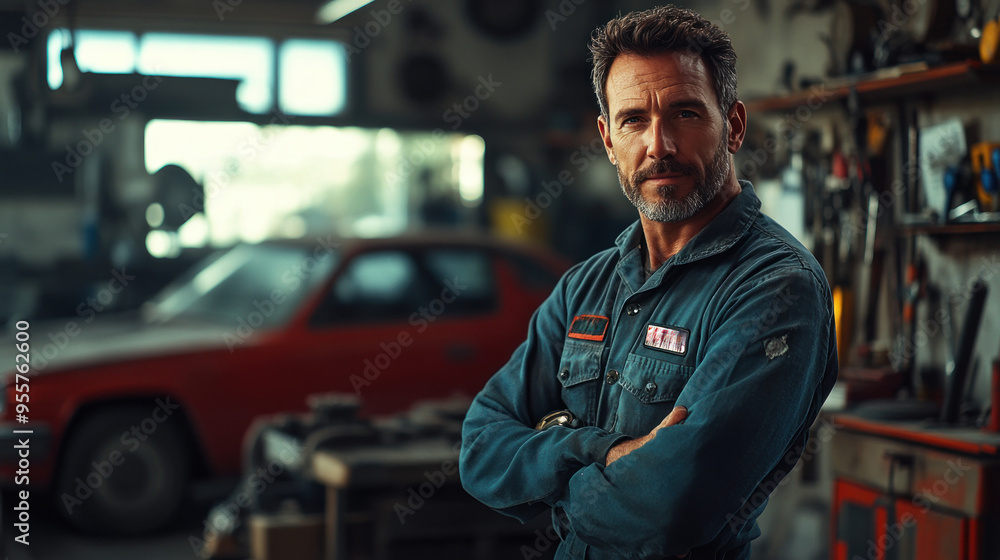 A proud mechanic in workshop holding wrench, showcasing confidence and expertise. background features tools and vintage car, enhancing industrial atmosphere.