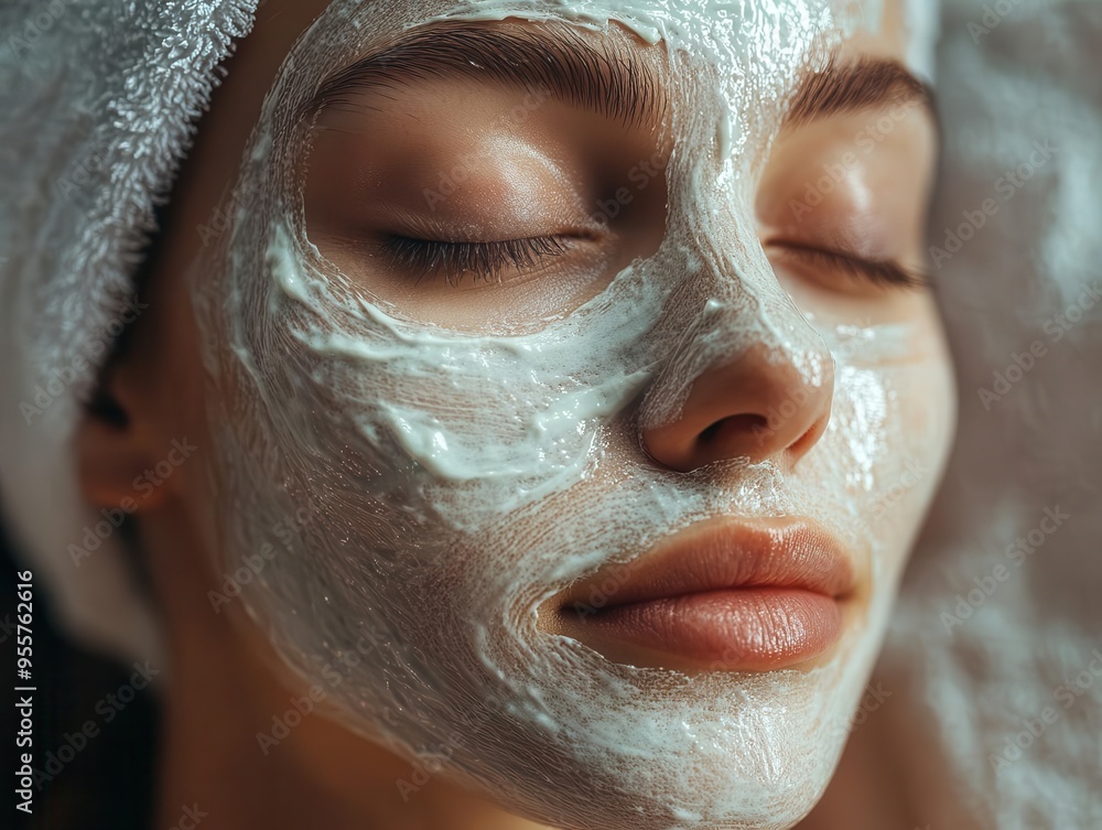 Fototapeta premium Self-care with a person applying a face mask, relaxing style, close-up, sharp focus, soft lighting, high detail