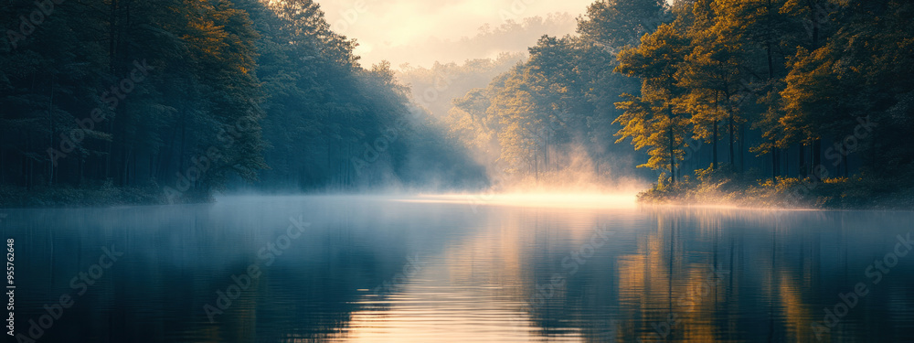 A serene shot of lake surrounded by dense forest, with mist rising from water and soft morning light illuminating trees. A serene shot of lake surrounded by dense forest, with mist rising from water and soft morning light illuminating trees.