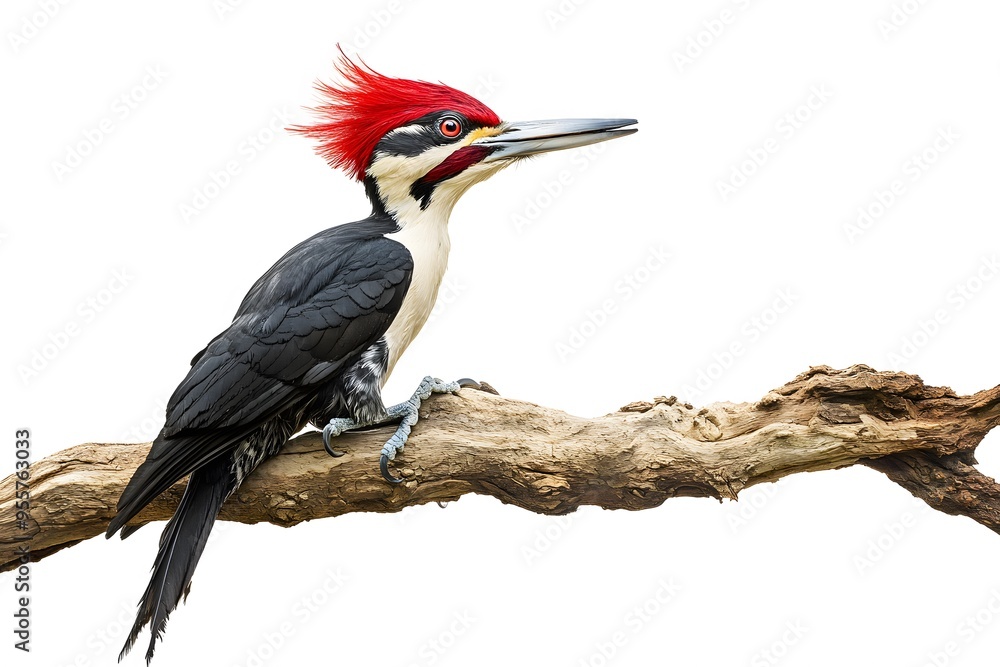Fototapeta premium Ivory Woodpecker Perched on a Branch with White Background, Wallpaper, Cover and Screen for Smartphone, PC, Laptop, 9:16 and 16:9 Format