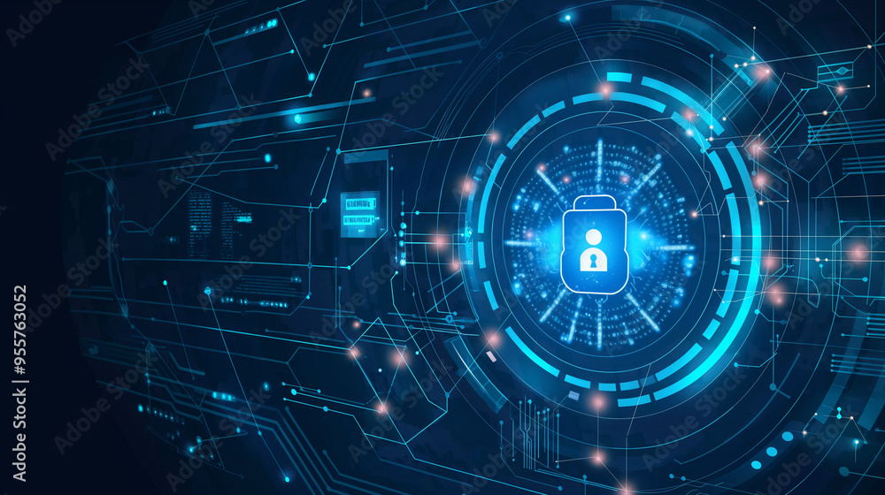 Fototapeta premium Futuristic cybersecurity concept with a digital shield protecting a circuit board, representing technological security and protection. 