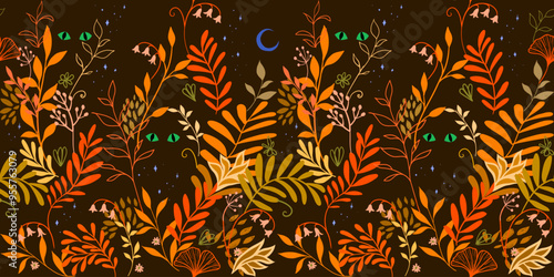 Seamless pattern with tropical leaves, flowers, glowing animal eyes against the starry night sky. Mysterious fairytale illustration of the midnight jungle. Orange, yellow, golden, brown color palette	