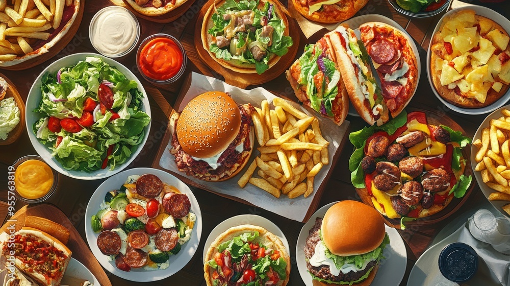 Modern Culinary Composition: Top View of a Variety of Fresh Meal Items in a Contemporary Layout Modern Culinary Composition: Top View of a Variety of Fresh Meal Items in a Contemporary Layout