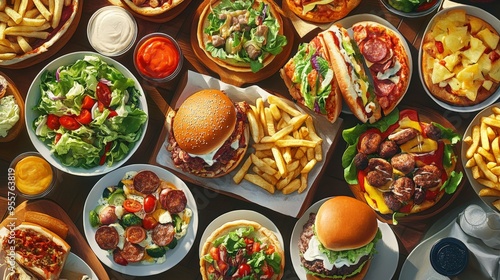 Modern Culinary Composition: Top View of a Variety of Fresh Meal Items in a Contemporary Layout