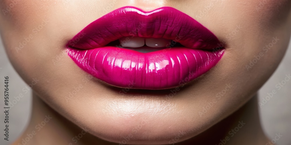 A close-up of deep pink lip gloss applied to a model's lips, soft focus, sensual and alluring, a realistic photo image. A close-up of deep pink lip gloss applied to a model's lips, soft focus, sensual and alluring, a realistic photo image.