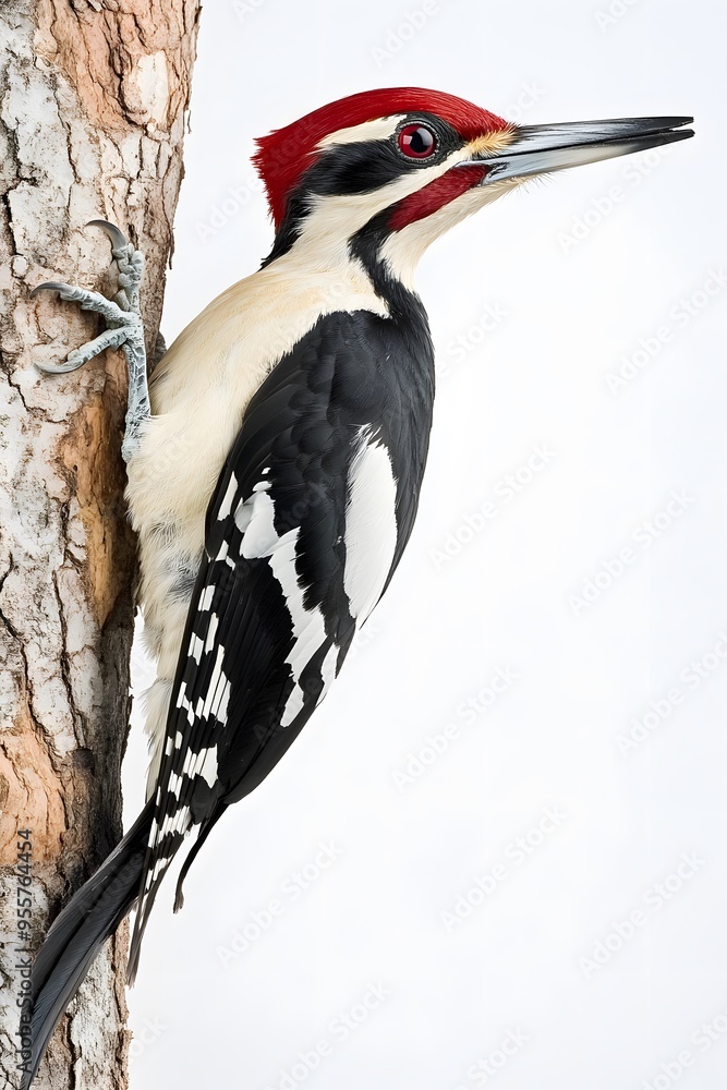 Fototapeta premium Ivory Woodpecker Perched on a Tree with White Background, Wallpaper, Cover and Screen for Smartphone, PC, Laptop, 9:16 and 16:9 Format