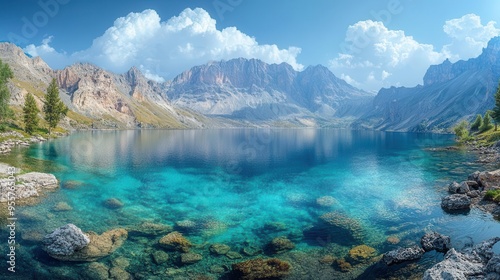 breathtaking panorama of sailimu lake in xinjiang china showcasing vibrant turquoise waters against rugged mountain backdrop and expansive sky photo