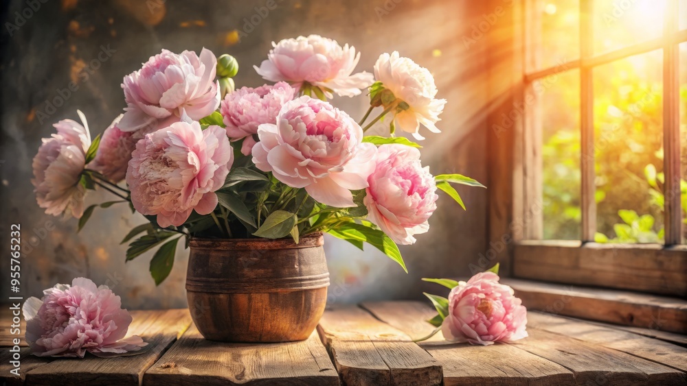 Softly lit blush pink peonies in a rustic wooden vase on a distressed table, warm sunlight streaming through a window, a realistic photo image. Softly lit blush pink peonies in a rustic wooden vase on a distressed table, warm sunlight streaming through a window, a realistic photo image.