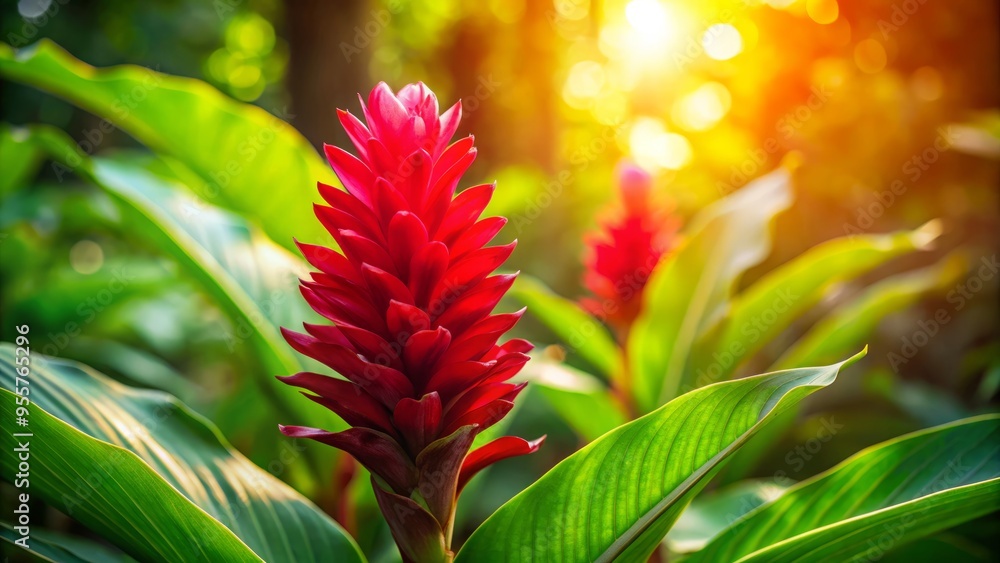 Ginger flower blooming in a lush green garden, macro shot, dramatic backlight, vibrant colors, exotic and sensual ambiance, a realistic photo image. Ginger flower blooming in a lush green garden, macro shot, dramatic backlight, vibrant colors, exotic and sensual ambiance, a realistic photo image.